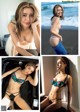 A collage of photos of a woman in a bikini.