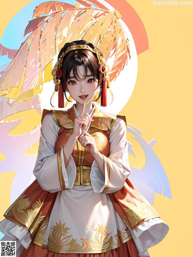 A woman in a chinese dress holding an umbrella.