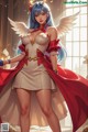 A woman dressed as an angel with blue hair and a red cape.