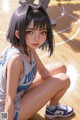 A girl sitting on a basketball court with her legs crossed.