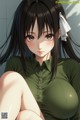 Anime girl with long black hair wearing a green shirt.